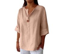 Camicia da donna oversize a maniche lunghe, per il tempo libero, estiva, con scollo a V, cachi, 3XL