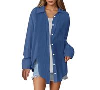 Camicia da donna oversize tinta unita vestibilità ampia tessuto traspirante casual moda top burnout manica lunga camicia intima, Marina Militare, XL