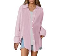Camicia da donna oversize tinta unita vestibilità ampia tessuto traspirante casual moda top burnout manica lunga camicia intima, rosa chiaro, XL