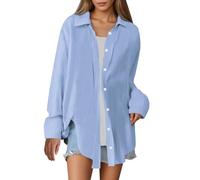 Camicia da donna oversize tinta unita vestibilità ampia tessuto traspirante casual moda top burnout manica lunga camicia intima, blu cielo, S