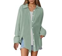 Camicia da donna oversize tinta unita vestibilità ampia tessuto traspirante casual moda top burnout manica lunga camicia intima, Verde chiaro, S