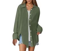Camicia da donna oversize tinta unita vestibilità ampia tessuto traspirante casual moda top burnout manica lunga camicia intima, Verde militare, S