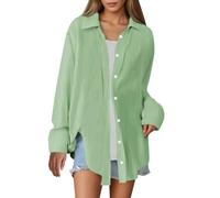 Camicia da donna oversize tinta unita vestibilità ampia tessuto traspirante casual moda top burnout manica lunga camicia intima, Verde, XXL