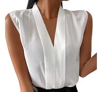 Camicia da donna primaverile estiva con scollo a V casual senza maniche Top formale solido parrucche di carnevale, bianco, M