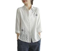 Camicia da donna ricamata elegante camicetta a maniche lunghe top vintage abbigliamento abbottonatura camicie bianche signore ufficio outfit, Bianco, 3XL