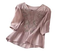 Camicia da donna ricamata in lino Boho Tunica Boho Contadino Girocollo Floreale Top Estate Hippie Increspature Camicette per donne anziane 2026 Garza Vestibilità ampia Stile Boemia Party Womens Lace