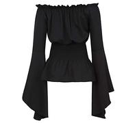 Camicia da donna rinascimentale medievale, con maniche a tromba, gotica, vittoriana, con spalle scoperte, stile vintage, bohémien, con corsetto, cintura in vita, costume da pirata, Nero , M