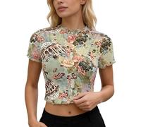 Camicia da donna sexy in rete con colletto a mezza altezza e stampa a cupido, trasparente, a maniche corte, girocollo, maglietta in pizzo, Y2K, senza pancia, slim fit, verde chiaro, L