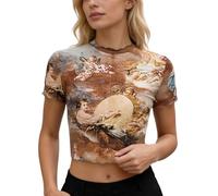 Camicia da donna sexy in rete con colletto a mezza altezza e stampa a cupido, trasparente, a maniche corte, girocollo, maglietta in pizzo, Y2K, senza pancia, slim fit, cachi, XL