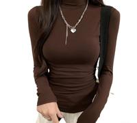 Camicia da donna slim strato base collo alto manica lunga (marrone M)