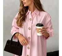 Camicia da donna Solstice Apparel bianca con bottoni anteriori, decorazione a disco solare in metallo, spalle scese, colletto a revers, vestibilità ampia, rosa invernale L,M,S,XL,XS,XXLColore unicoPol
