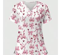 Camicia da infermiera con stampa a fiocco rosa e cartone animato, camicia da lavoro con scollo a V e maniche corte, abbigliamento da lavoro per il settore sanitario femminile L,M,S,XLGrafico,Cuore,Poi