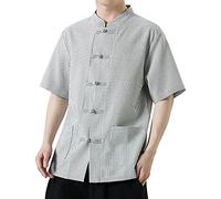 Camicia da kung fu da uomo, a maniche corte, con colletto alla coreana, a maniche corte, con bottoni con nodo cinese, vestibilità regolare, traspirante, leggera, a righe, con tasche, per meditazione