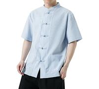Camicia da kung fu da uomo, a maniche corte, con colletto alla coreana, a maniche corte, con bottoni con nodo cinese, vestibilità regolare, traspirante, leggera, a righe, con tasche, per meditazione