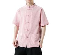 Camicia da kung fu da uomo, a maniche corte, con colletto alla coreana, a maniche corte, con bottoni con nodo cinese, vestibilità regolare, traspirante, leggera, a righe, con tasche, per meditazione