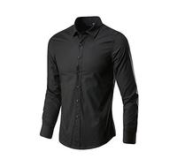 Camicia da lavoro a maniche lunghe, slim fit, senza pieghe, con bottoni, a maniche lunghe, moderna, con bottoni, per lavoro, casual, tinta unita, casual, a maniche corte, da uomo, Nero , L