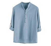 Camicia da lavoro da lavoro da uomo 2025 con colletto alla coreana casual a maniche lunghe tinta unita camicia con bottoni sportivi sportivi da lavoro top, Azzurro, M