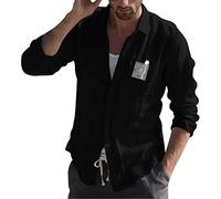 Camicia da lavoro da lavoro da uomo 2025 moda casual da uomo in cotone e piccola stampa maglietta con risvolto a maniche lunghe atletica sportiva da lavoro top, Nero , XXL