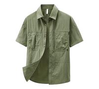 Camicia da lavoro da uomo, robusta, funzionale, con bottoni, tasche sul petto, a maniche corte, per il tempo libero, colletto rovesciato, taglio dritto, per officina, Stile-x03 verde, 3XL