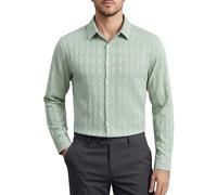 Camicia da lavoro da uomo, vestibilità normale, per il tempo libero, jacquard, senza pieghe, in tinta unita, elasticizzata, a maniche lunghe, per affari, matrimoni, verde, M