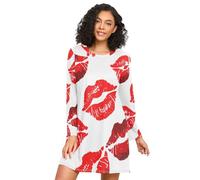 Camicia da notte autunnale, comoda camicia da notte da donna, camicia da notte a maniche lunghe per donna, segni di bacio rossi bianchi, Bacio Rosso Marchi Bianco, XL