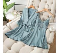 Camicia Da Notte Baby Doll Completo Vestaglia Cintura Raso Satin Blu 28174