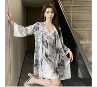 Camicia Da Notte Baby Doll Completo Vestaglia Cintura Raso Satin Grigio 65821