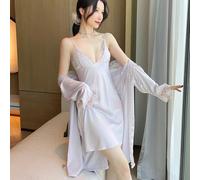 Camicia Da Notte Baby Doll Completo Vestaglia Cintura Raso Satin Lilla 93488