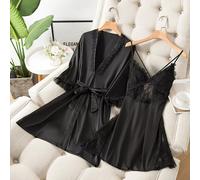 Camicia Da Notte Baby Doll Completo Vestaglia Cintura Raso Satin Nero 28174