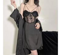 Camicia Da Notte Baby Doll Completo Vestaglia Cintura Raso Satin Nero 52293