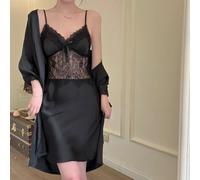 Camicia Da Notte Baby Doll Completo Vestaglia Cintura Raso Satin Nero 59927