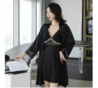 Camicia Da Notte Baby Doll Completo Vestaglia Cintura Raso Satin Nero 62428