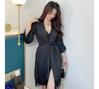 Camicia Da Notte Baby Doll Completo Vestaglia Cintura Raso Satin Nero 93479