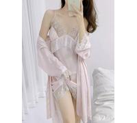 Camicia Da Notte Baby Doll Completo Vestaglia Cintura Raso Satin Rosa 71150