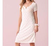 Camicia da notte babydoll in maglia a maniche corte con scollo quadrato, patchwork in pizzo, due bottoni, corona, cuore e piccoli fiori, perfetta per l'estate, abbondanza di splendore floreale, dettag