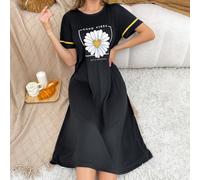 Camicia da notte casual da donna con stampa a margherita e maniche corte, stile minimalista L,M,S,XLAnimale,Lettere,PianteTessuto in maglia