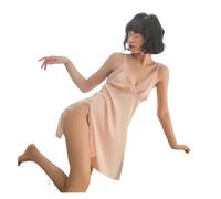 Camicia da notte con reggicalze Lingerie sexy senza schienale in pizzo femminile V profonda Servizio a domicilio Camicia da notte nera Lingerie sexy for le donne(Pink)