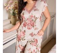 Camicia da notte corta aderente da donna taglie forti con stampa floreale e pizzo a contrasto, splendore floreale abbondante, dettagli confortevoli ed eleganti 0XL,1XL,2XL,3XL,4XLPianteTessuto in magl