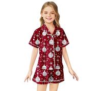 Camicia da notte da bambina a maniche corte con colletto e bottoni sul | La camicia da notte nera ha un colletto, maniche corte e una fila di bottoni sul davanti, con motivi stagionali bianchi