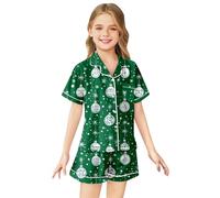 Camicia da notte da bambina a maniche corte con colletto e bottoni sul | La camicia da notte nera ha un colletto, maniche corte e una fila di bottoni sul davanti, con motivi stagionali bianchi