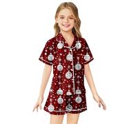 Camicia da notte da bambina a maniche corte con colletto e bottoni sul | La camicia da notte nera ha un colletto, maniche corte e una fila di bottoni sul davanti, con motivi stagionali bianchi