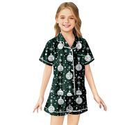 Camicia da notte da bambina a maniche corte con colletto e bottoni sul | La camicia da notte nera ha un colletto, maniche corte e una fila di bottoni sul davanti, con motivi stagionali bianchi