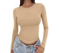 Camicia da notte da donna a manica lunga in cotone - Camicia da donna a manica lunga aderente, girocollo, longshirt tinta unita, maglietta termica, maglietta stretch, camicia da notte, t-shirt