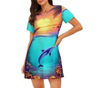 Camicia da Notte da Donna a Maniche Corte con Stampa di Delfini delle Isole hawaiane, vestibilità Comoda, Ideale Come Pigiama o Abbigliamento da casa.