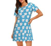 Camicia da Notte da Donna a Maniche Corte con Stampa di Denti Bianchi, vestibilità Comoda, Pigiama, Abbigliamento da casa.