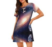 Camicia da notte da donna a maniche corte morbida con stampa dello spazio esterno della galassia dell'universo, Nero , M