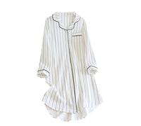 Camicia da Notte da Donna A Maniche Lunghe Camicia da Notte in Cotone di Media Lunghezza con Bottoni A Righe Camicia da Notte per La Casa