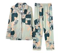 Camicia da notte da donna a maniche lunghe con abbottonatura, set da 2 pezzi, abbigliamento da casa a maniche lunghe, top corto e pantaloni larghi da donna, pigiama con colletto rovesciato, biancheria