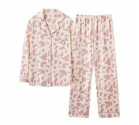 Camicia da notte da donna a maniche lunghe con abbottonatura, set da 2 pezzi, abbigliamento da casa a maniche lunghe, top corto e pantaloni larghi da donna, pigiama con colletto rovesciato, biancheria