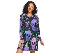 Camicia da notte da donna, a maniche lunghe, con teschi umani e stelle, abbigliamento da notte per il giorno dei morti, Multi, XL